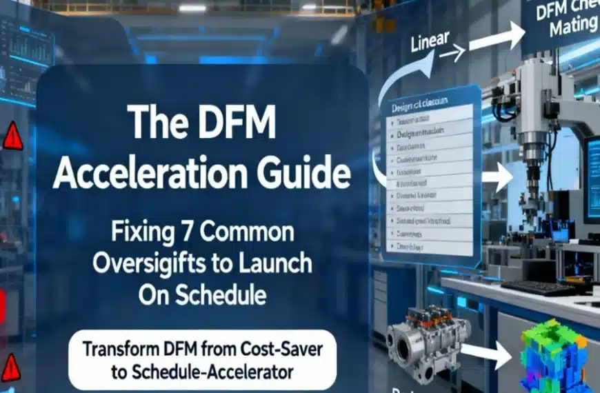 DFM acceleration guide showing cost escalation from design to production phases and concurrent engineering solution for on-time product launches