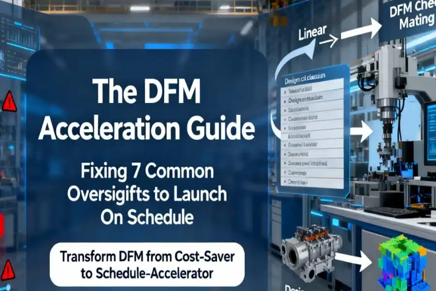 DFM acceleration guide showing cost escalation from design to production phases and concurrent engineering solution for on-time product launches