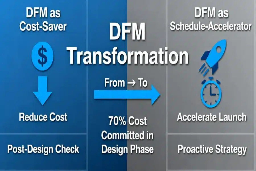 DFM transformation from cost-saving tool to schedule-accelerator showing 70% cost commitment in design phase