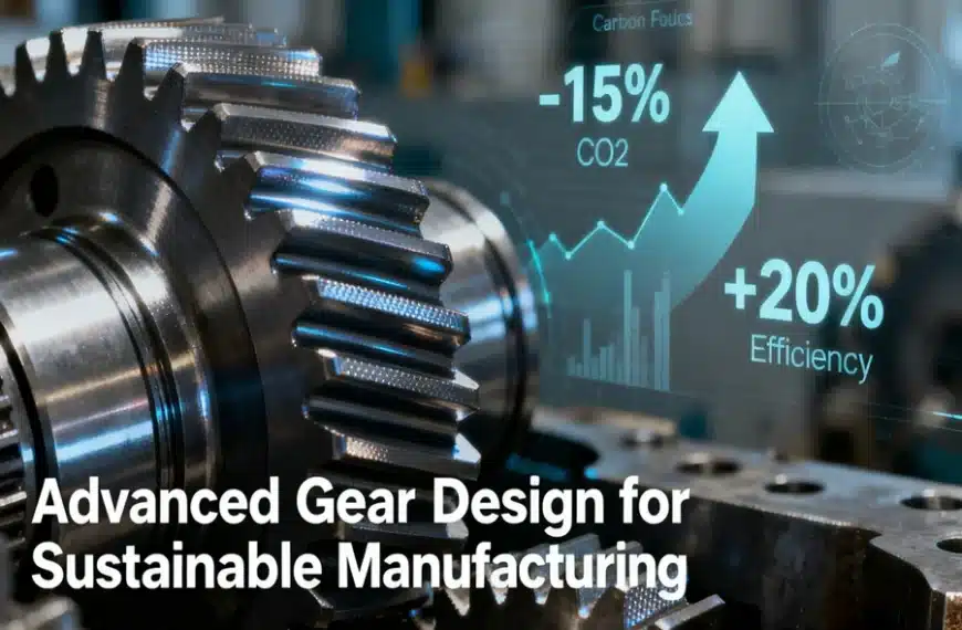 Precision-machined helical gear in an industrial setting, illustrating the application of advanced gear design for sustainable manufacturing and carbon footprint reduction.  
