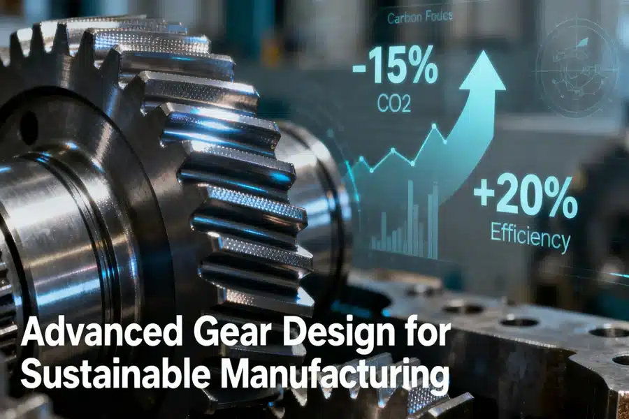 Precision-machined helical gear in an industrial setting, illustrating the application of advanced gear design for sustainable manufacturing and carbon footprint reduction.  
