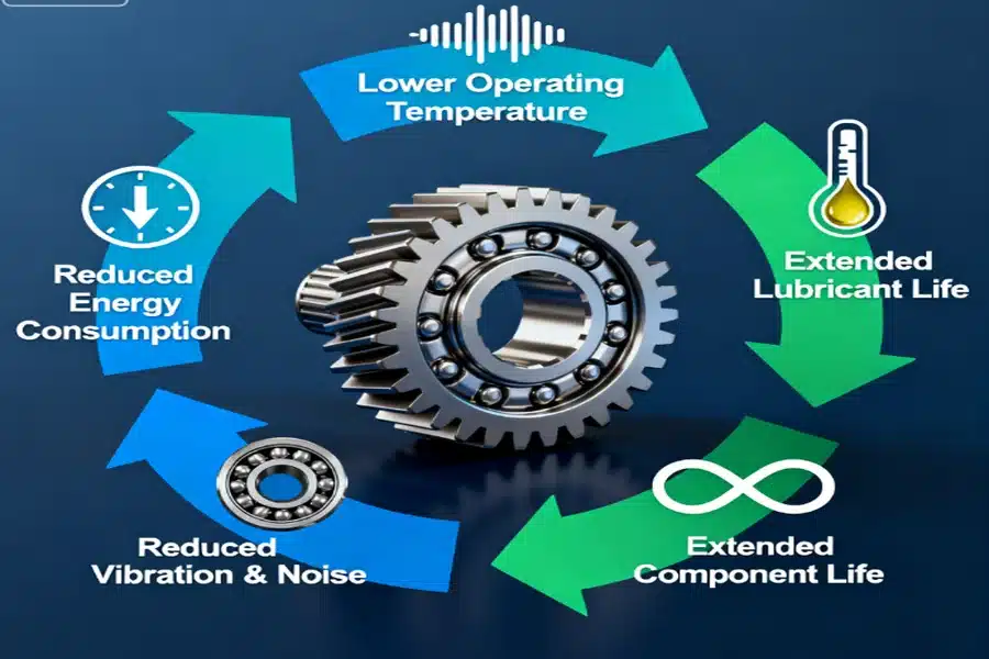 Infographic illustrating the virtuous cycle of systemic benefits achieved through high-efficiency gear design, including extended component life and reduced maintenance.
